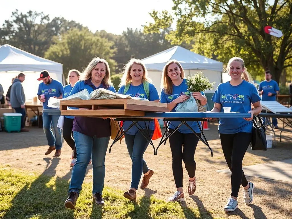 A photograph of volunteers setting up for a community event organized by LE SAINT ROCH, showing their dedication and teamwork. The image highlights the collaborative effort behind the organization's activities.