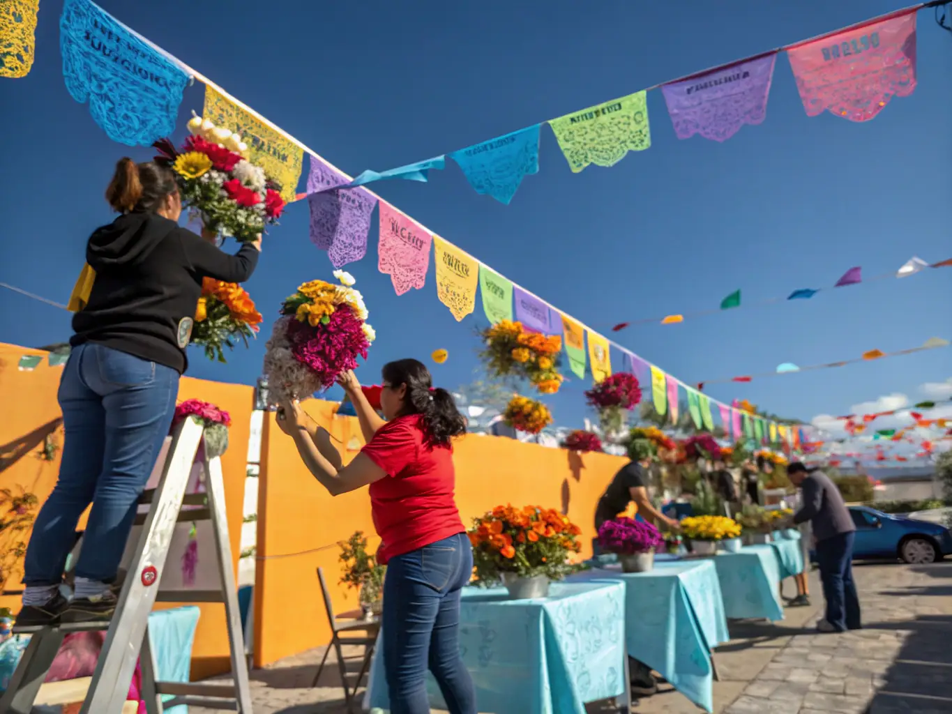 An image showing volunteers setting up for a community event, highlighting the collaborative effort and community spirit behind LE SAINT ROCH's activities.