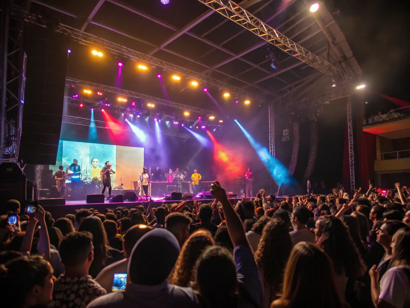 A vibrant image depicting a live concert organized by LE SAINT ROCH, showcasing musicians on stage and an engaged audience enjoying the performance. The scene captures the energy and community spirit of the event.