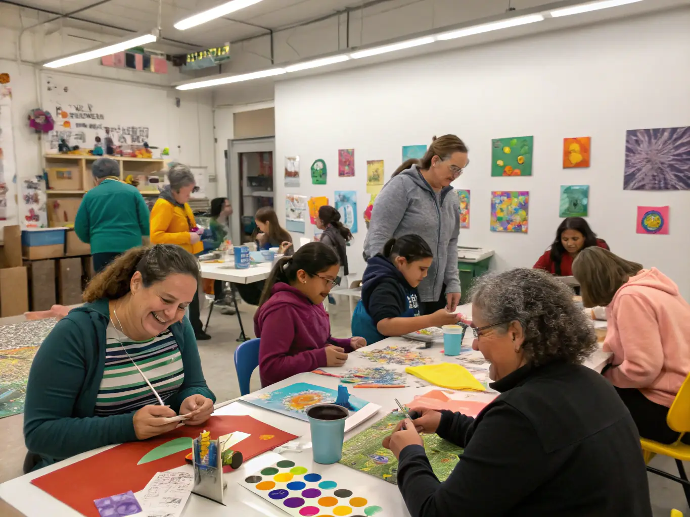 A photograph capturing a diverse group of people participating in a community art workshop, with participants of all ages engaged in creative activities and smiling.