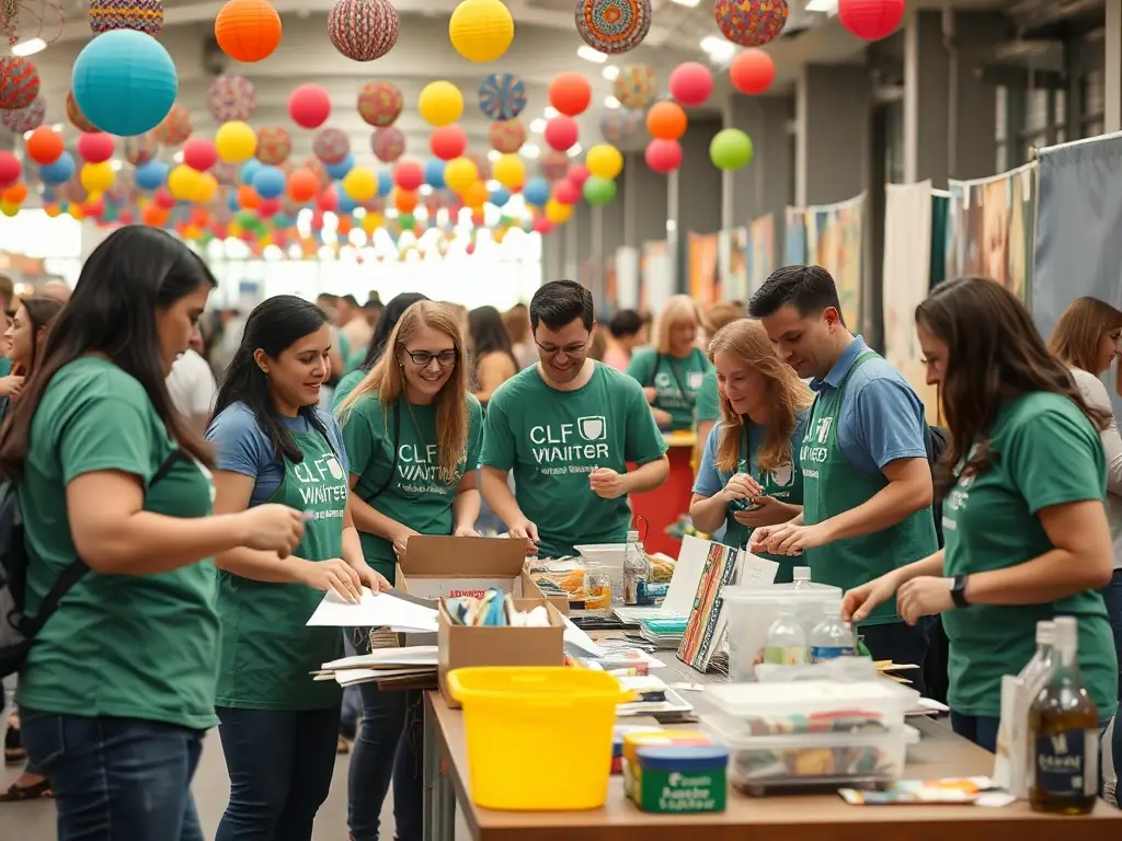 A heartwarming image of volunteers working together at a LE SAINT ROCH event, setting up decorations and assisting attendees, highlighting the spirit of community involvement and support.