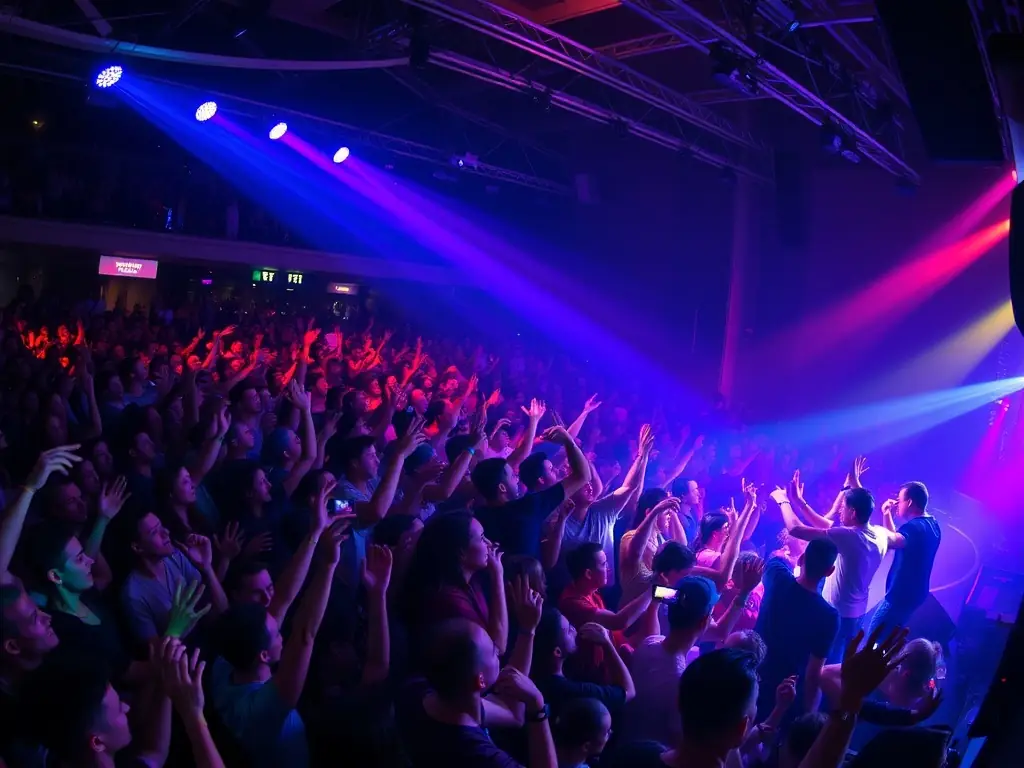 A dynamic image of a live music performance at one of LE SAINT ROCH's concerts, showcasing the energy and excitement of the event with musicians on stage and an enthusiastic audience.