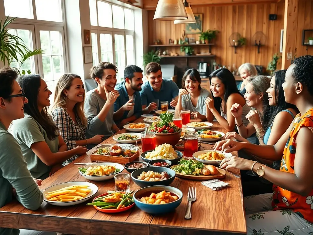 A photograph capturing a group of people enjoying a meal together at a catering event organized by LE SAINT ROCH, emphasizing the convivial atmosphere and social interaction.