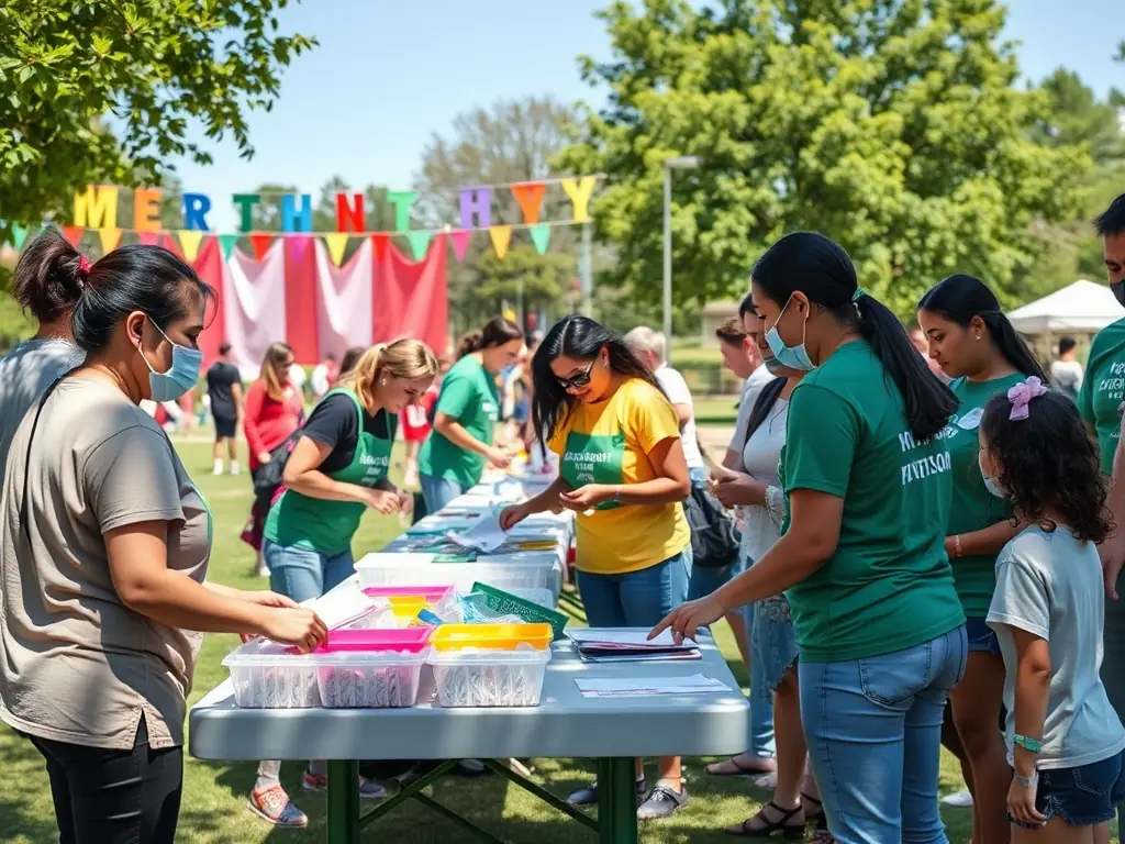 A photograph of volunteers setting up for a community event organized by LE SAINT ROCH, showcasing their dedication and teamwork in preparing for the activity.
