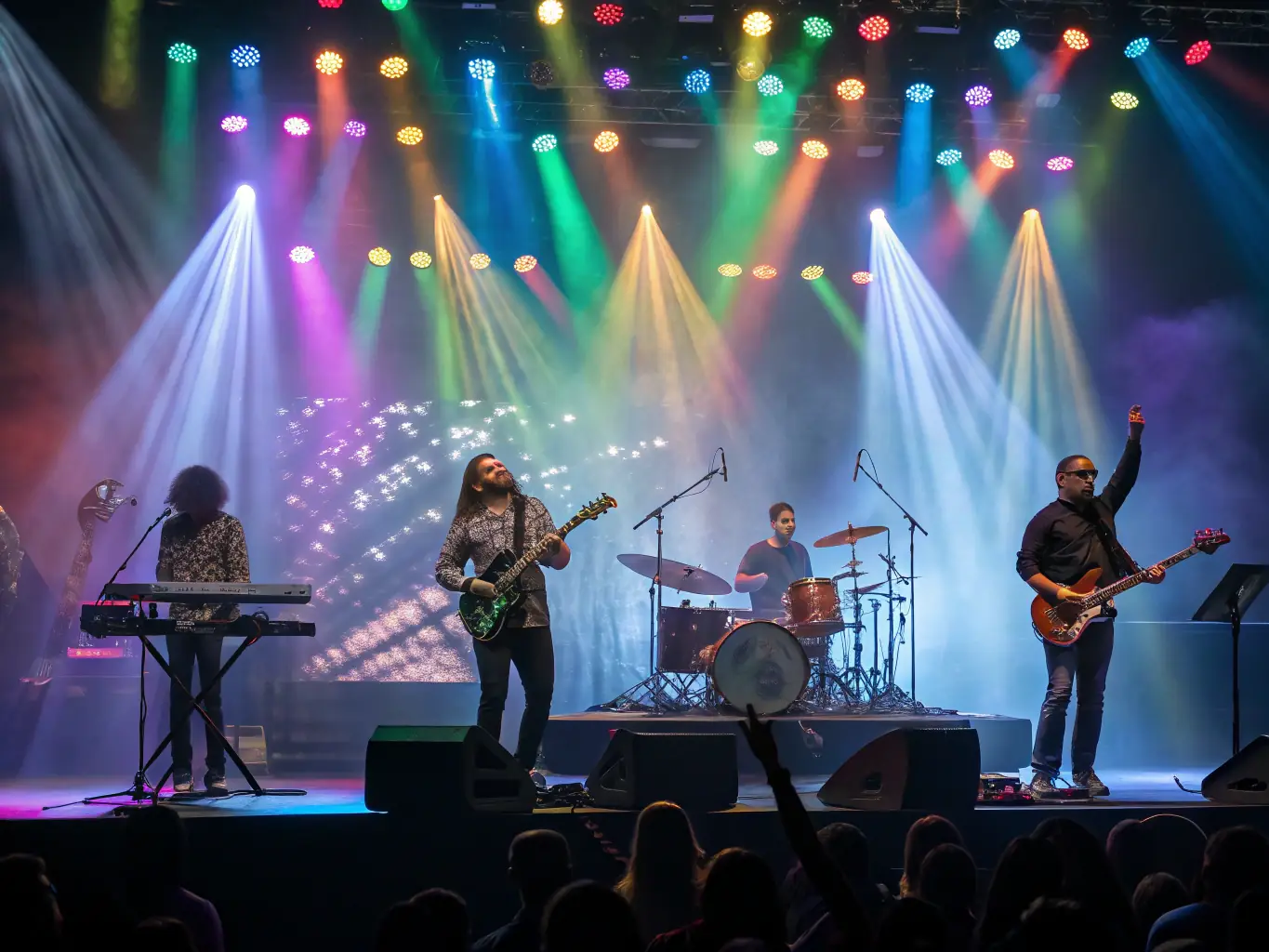 A vibrant image depicting a live concert scene organized by LE SAINT ROCH, showcasing musicians on stage and an engaged audience enjoying the performance.