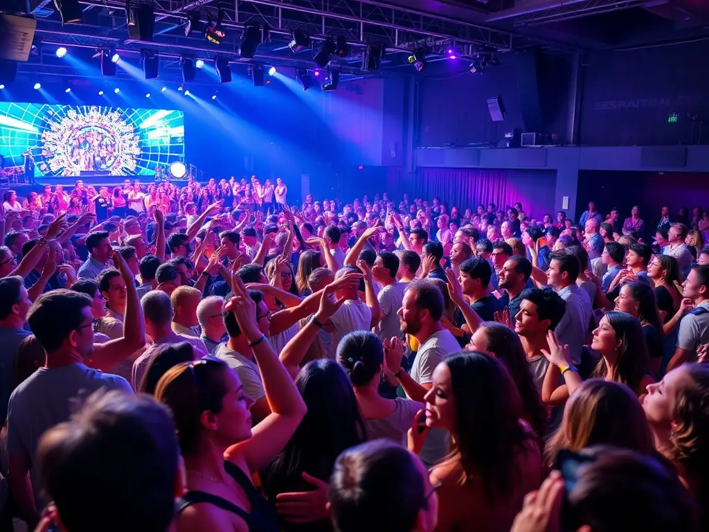 A vibrant image of a LE SAINT ROCH cultural concert, featuring musicians on stage and attendees enjoying the performance with food and drinks. The scene captures the lively and inclusive atmosphere of the event.
